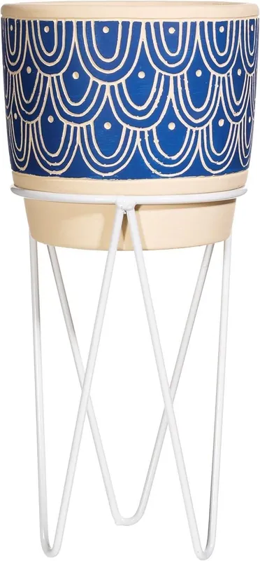 Blue Wave Cement Planter With Wire Stand - Sass & Belle