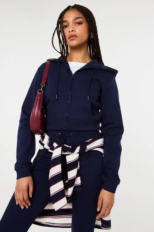 Navy Zip Up Cropped Hoodie - Pink Vanilla