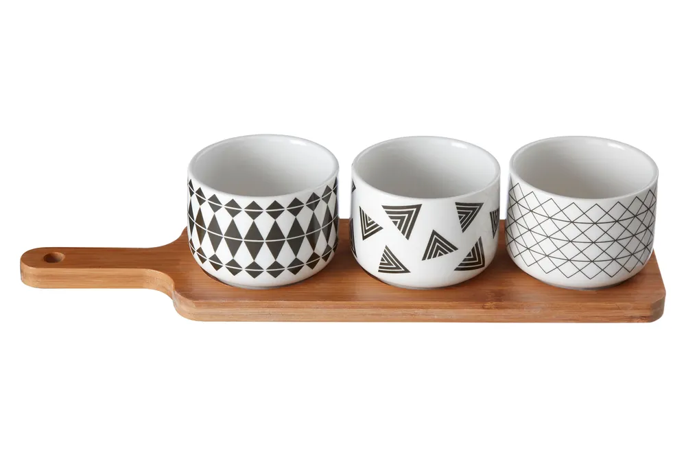 Bamboo Serving Board with Three Patterned Ceramic Dishes, Durable Appetizer Serving Tray - Orsina