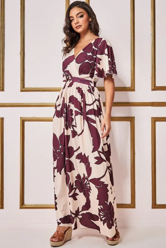 Leaf Print Flutter Sleeve Maxi Dress - Goddiva