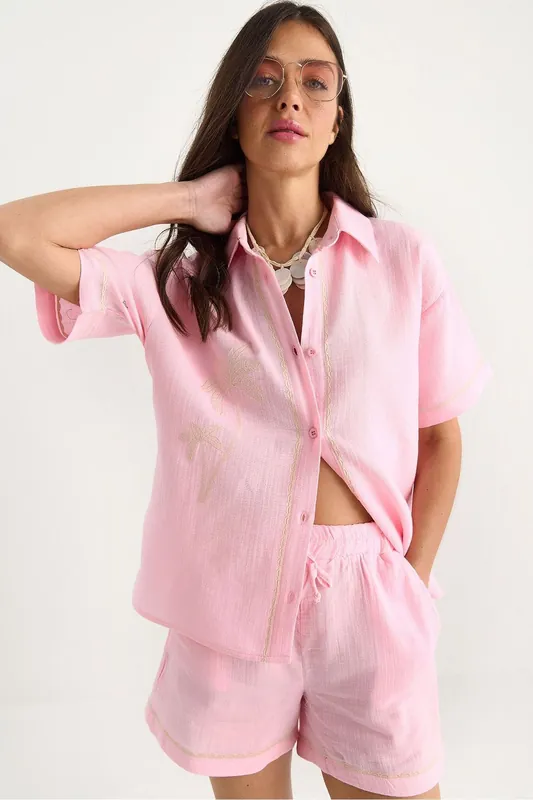 Embroidered Cotton Two-Piece Co-Ord Set with Shirt Collar