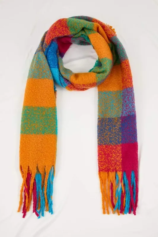 Colour Block Check Tassel Oversized Knit Winter Scarf - WOVCOR