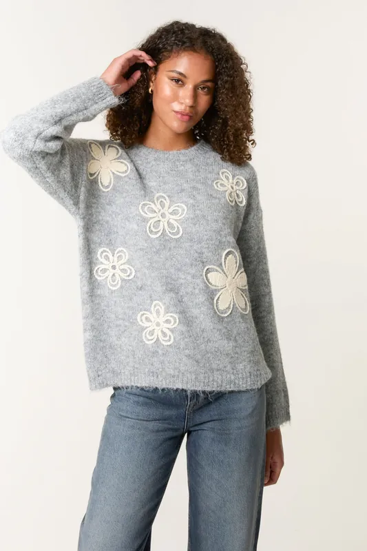 Grey Jumper With Embroidered Flowers - Blue Vanilla