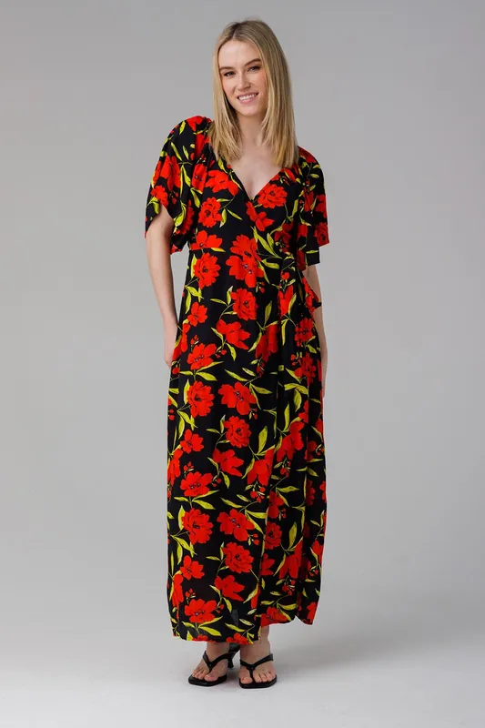 Floral V-Neck Short Sleeve Front Slit Maxi Dress