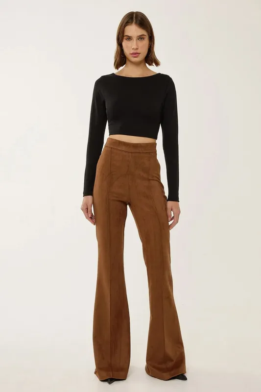 High Waist Suede Wide Leg Pants with Pintuck - Hiccup