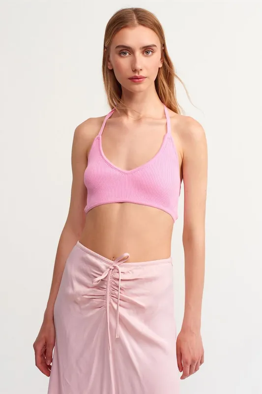 Fitted Ribbed Halter Crop Blouse With Tie Detail - Dilvin