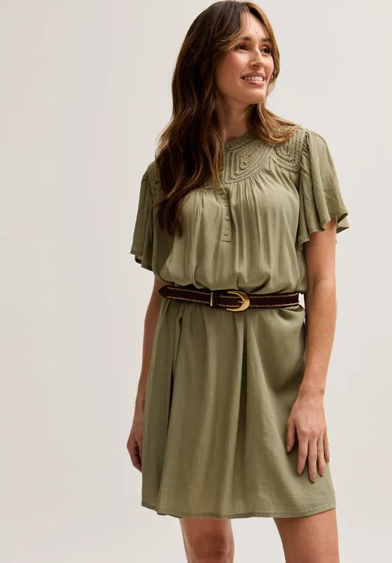 Roma Angel Sleeve Mini Dress In Green - Lily and Lionel