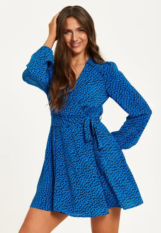 Heart Print Mini Wrap Dress With Long Sleeves In Royal Blue - Liquorish