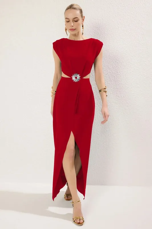 Elegant Woven Maxi Evening Dress With Cut-Out & Embellished Detail