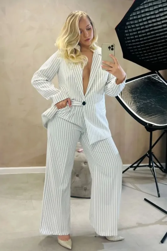 Striped Blazer with Flower Detail & Straight Leg Trousers Coord - Hiccup