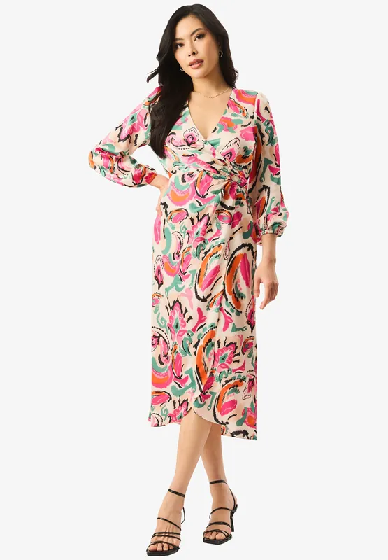 Multi Print Wrap Midi Dress - Gini London