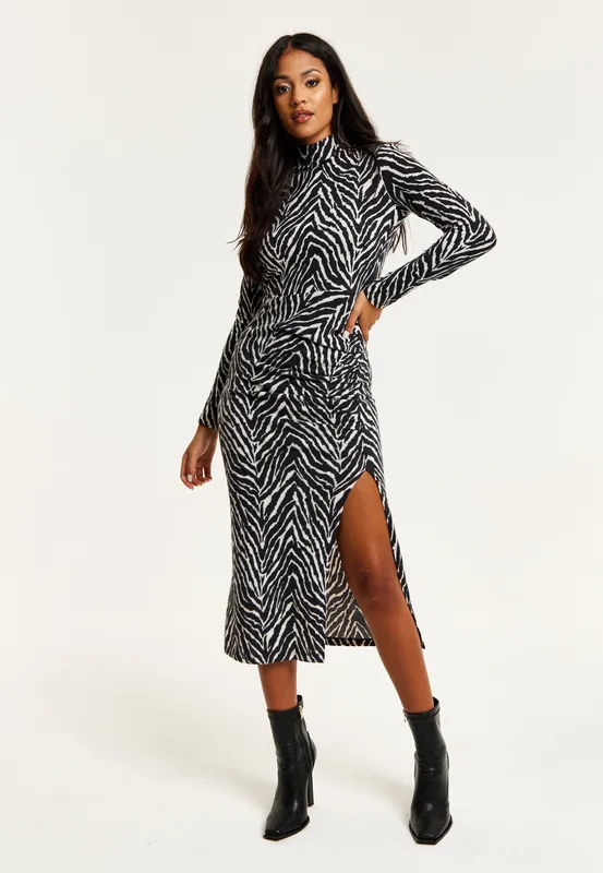 Brushed Knit Mono Zebra Print Midi Dress With Front Slit - Liquorish