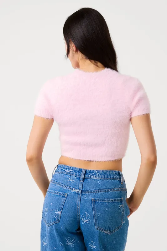 Pink Short Sleeve Fluffy Knit Jumper - Pink Vanilla
