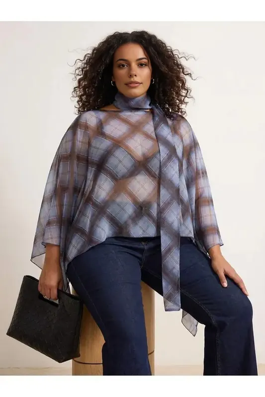 Check Print Sheer Tie Neck Batwing Top - WOVCOR