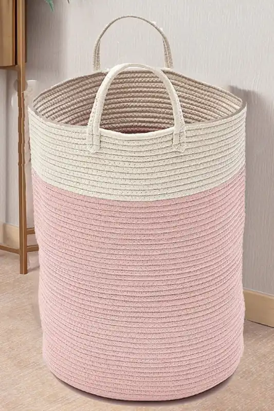 63L Woven Cotton Rope Laundry Hamper Basket Toys Storage with Handlers Pink 50cm H - Living and Home