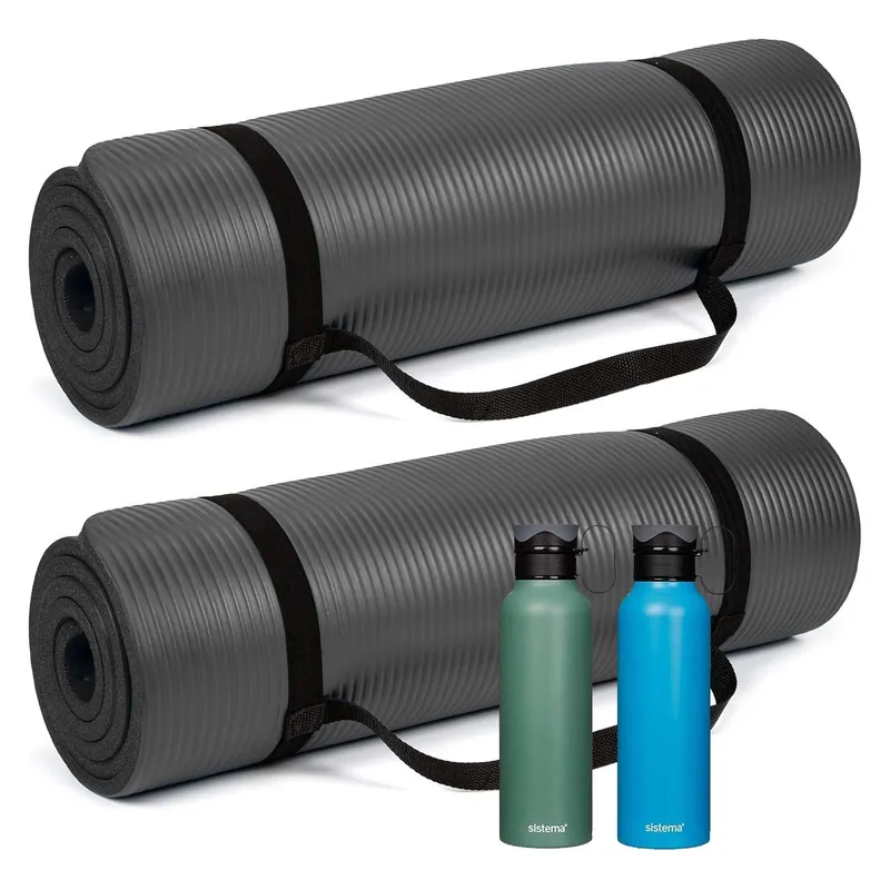 Black Extra Thick 12mm Yoga Mat & 600ml Stainless Steel Water Bottle. Set of 2. - simpa