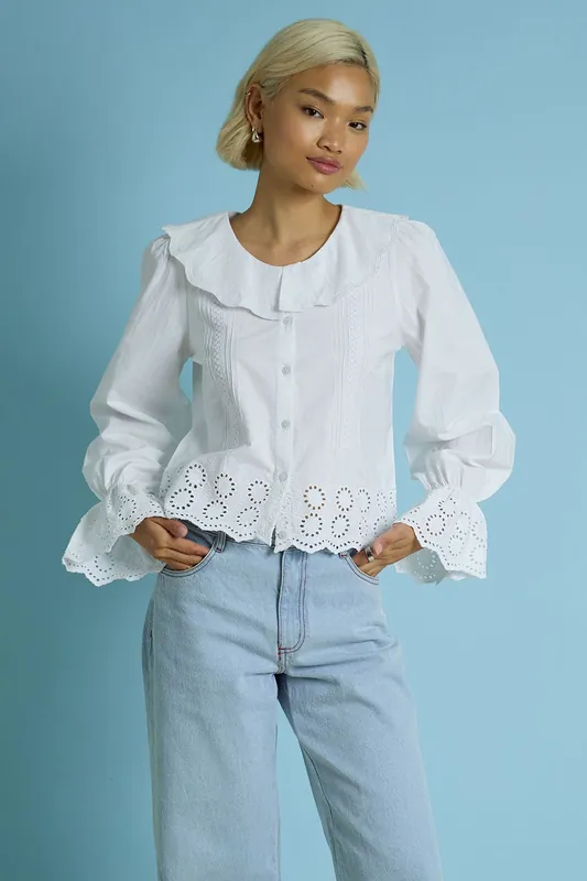 Cotton Broiderie Trim Frill Cuff Blouse - Neon Rose
