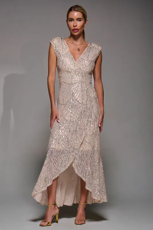 Sequin Asymmetric Ruffle Hem Maxi Dress - Jolie Moi
