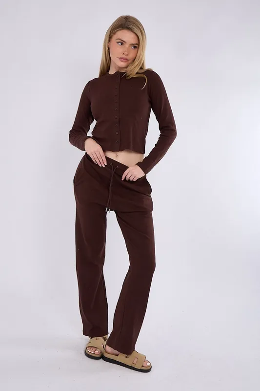 Ribbed Button Detail Crop Top and Wide Leg Trouser Co-ord