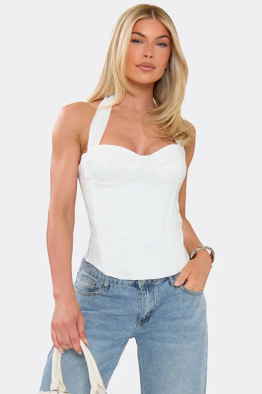 Corset Style Strappy Halter Neck Contrast Chiffon Corset Top - EGO