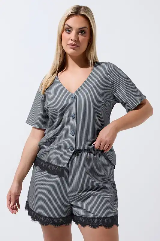 Pinstripe Lace Trim Shorts - Yours