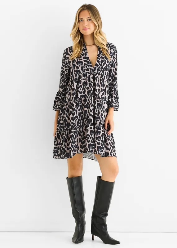 Grey Animal Print Skater Mini Dress - Gini London