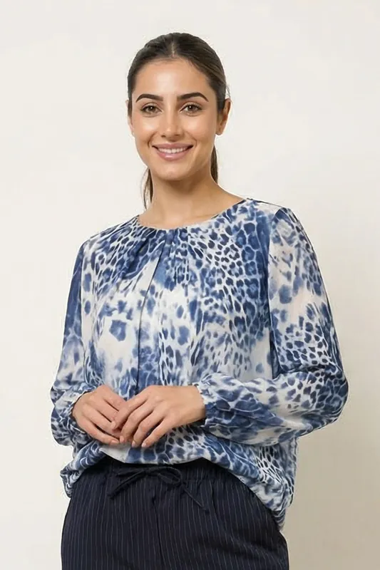 Blue Animal Print Round Neck Top - Blue Vanilla