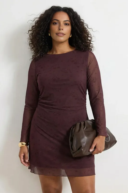 Sheer Long Sleeve Textured Mini Dress - WOVCOR