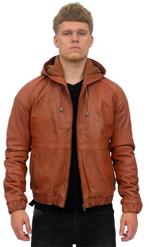 Casual Leather Hooded Bomber Jacket-Odesa