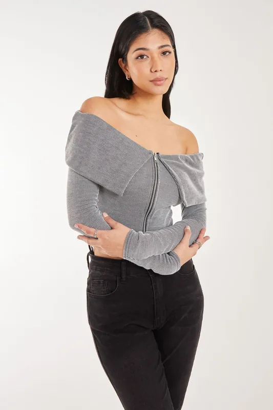 Fold Over Zip Bardot Top - Pink Vanilla