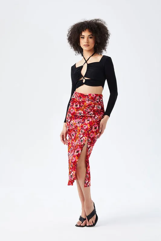 Fuschia Gathered Detail Midi Skirt - Urban Bliss