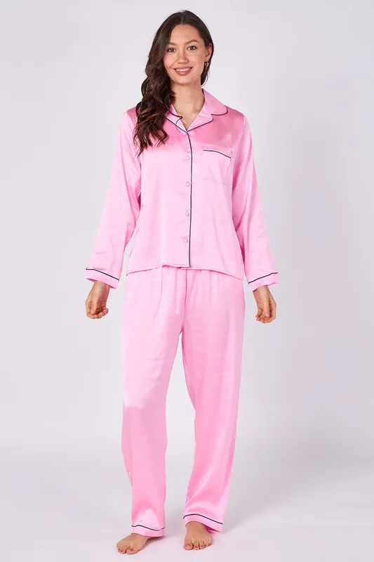 Pink Satin Pyjama Sleepwear Set with pockets - ELAINA FASHION