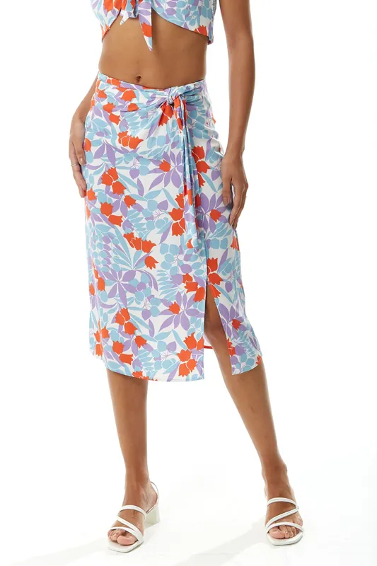 Floral Knot Front Midi Skirt in Blue and Red - Liquorish