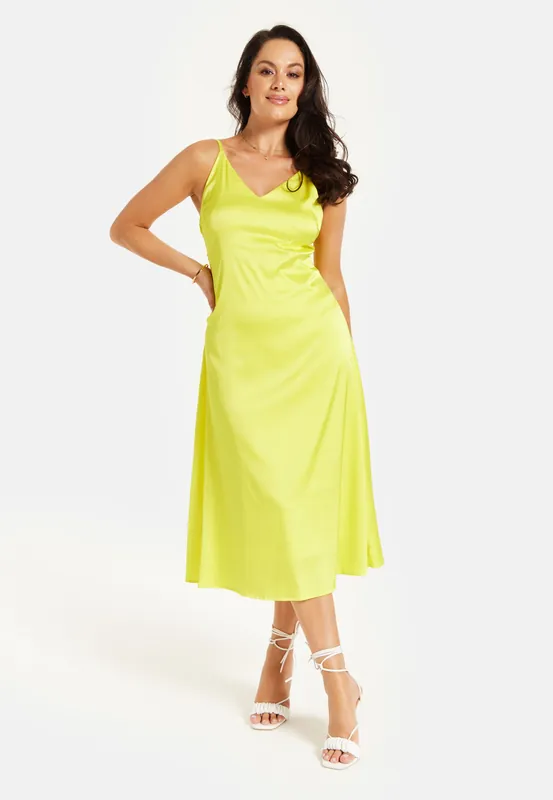 Yellow Satin Midi Dress With Spaghetti Straps - Liquorish