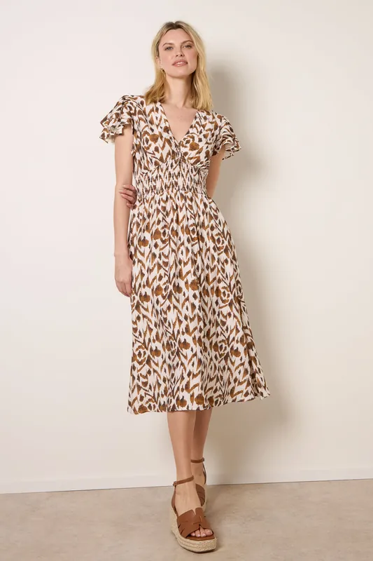 Light Brown Printed V Neck Frill Sleeve Midi Dress - Blue Vanilla