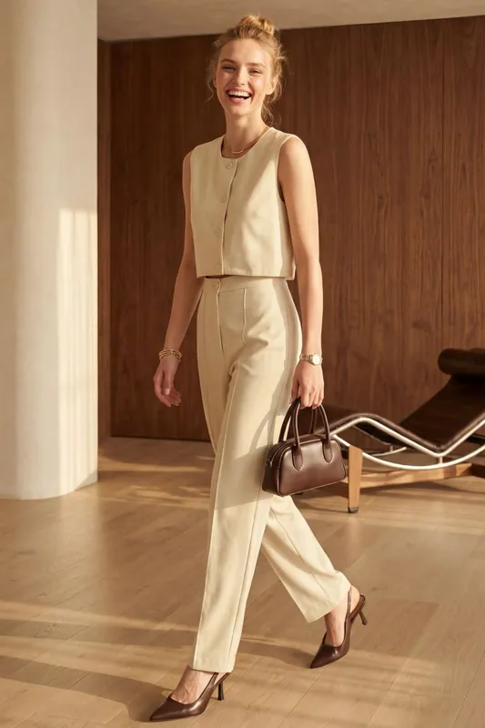 Crew Neck Crop Vest & High Waist Pants Two-Piece Set