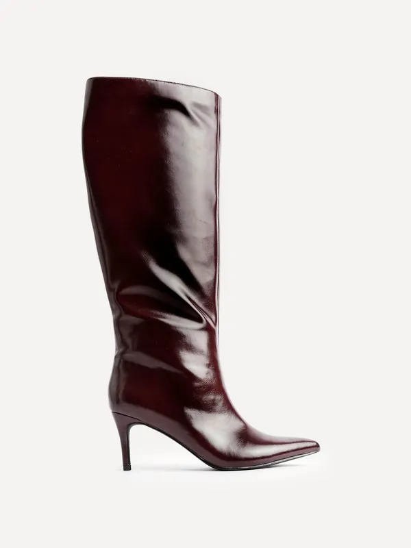Onyx Burgundy High Shine Pointed Toe High Leg Heeled Boots - Linzi
