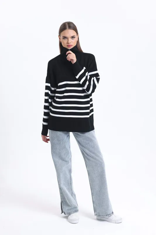 Striped High Neck Oversized Sweater with a Zippered Neck - Hiccup