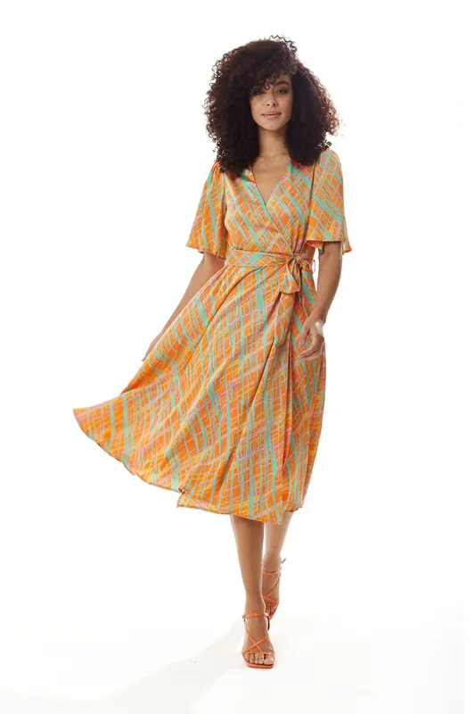 Midi Wrap Dress in Orange Scribble Print - Liquorish