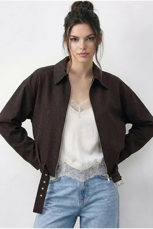 Oversized Denim Bomber Jacket with Belt - Bianco Lucci