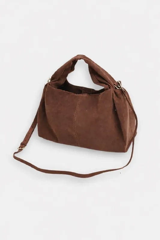 Faux suede slouchy bag with detachable crossbody strap - Shnoo