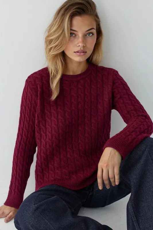 Thick Hair Braid Knit Sweater with Crew Neck - Hiccup