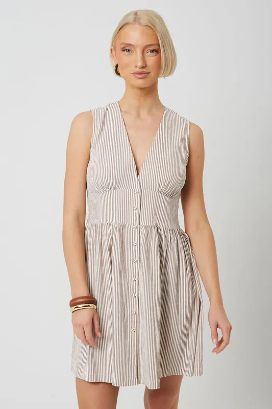 Stripe Sleeveless Mini Dress With Button Details - Brave Soul