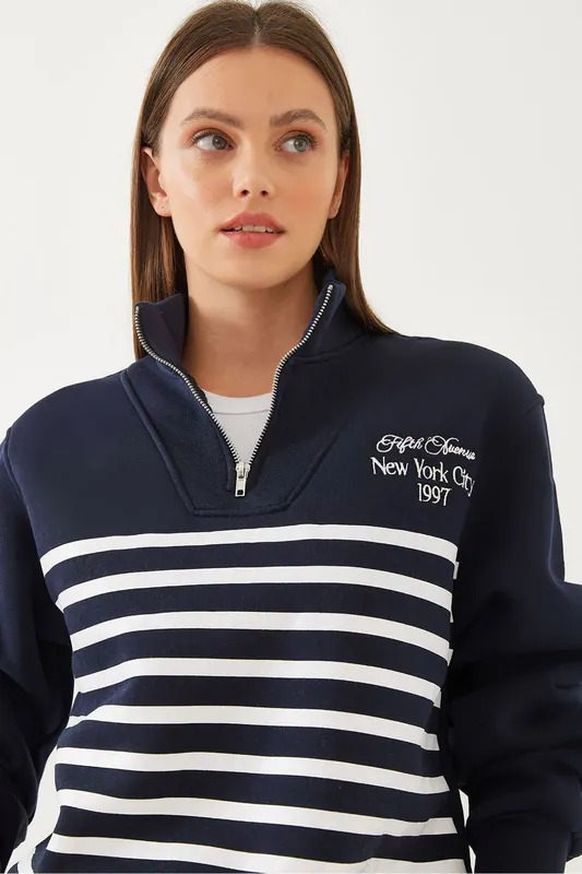 Striped Half-Zip Relaxed Fit Sweatshirt with Embroidery
