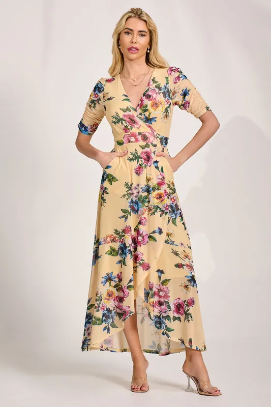 Ruched Sleeve Mesh Maxi Dress - Jolie Moi
