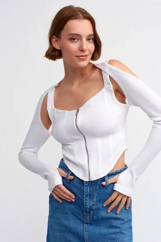 Fitted Ribbed Crop Blouse With Zip Front - Dilvin
