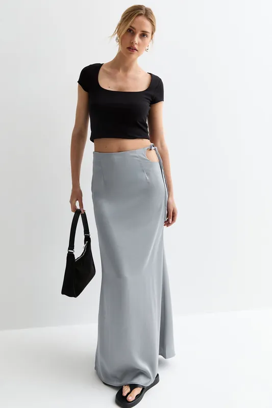 Silver Satin Maxi Skirt - Gini London
