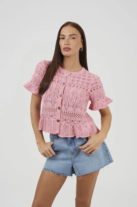 Short Sleeve Pointelle Knit Cardigan With Frill Hem - Brave Soul