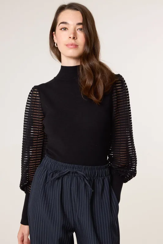 Black Semi-Sheer Mesh Panel Long Sleeve Jumper