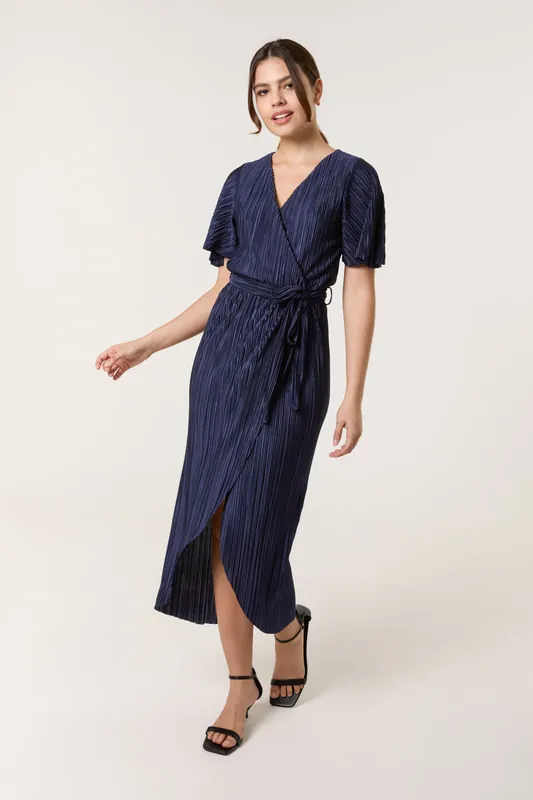 Navy Plisse Wrap Over Midi Dress - Blue Vanilla